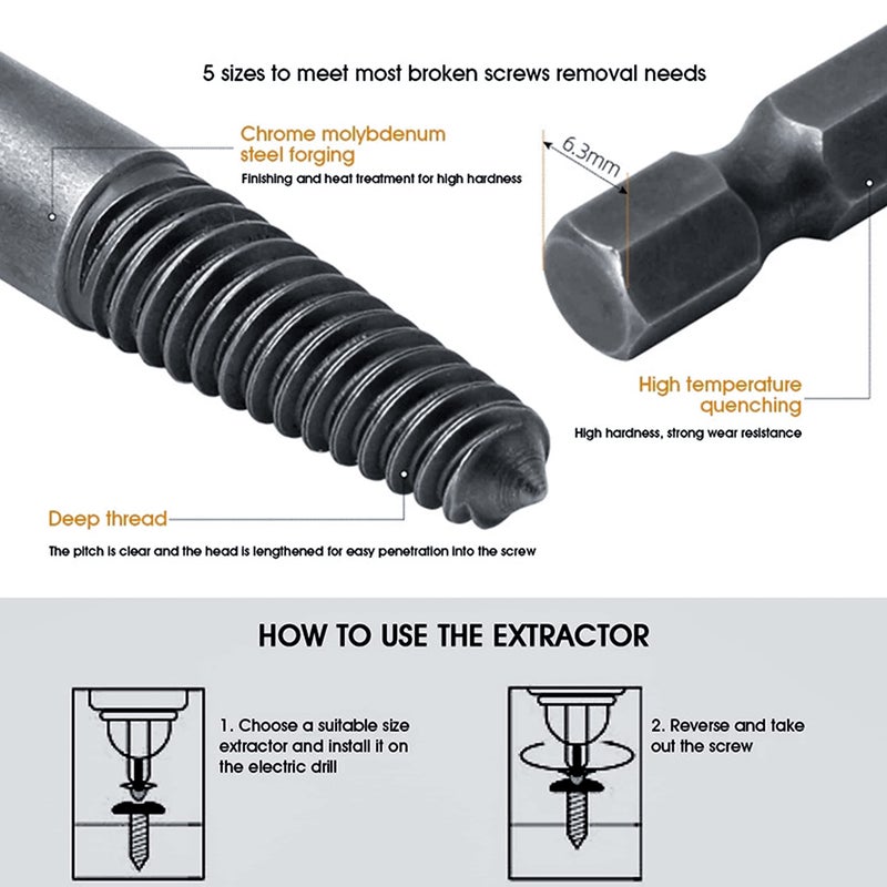 KEWAYO 6-Piece Damaged Screw and Broken Bolt Extractor Set - Quick Change Arbors  Fine Thread  Stud Remover Tool Kit - Image 2
